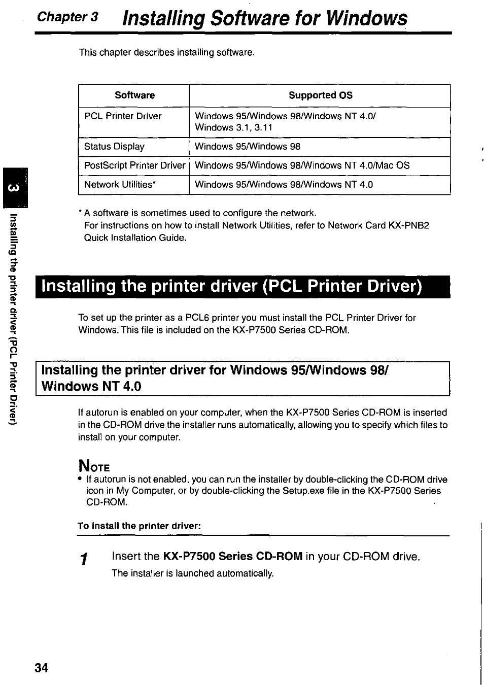 Chapter 3 installing software for windows, Installing the printer driver (pcl printer driver) | Panasonic KX-P7510 User Manual | Page 34 / 68