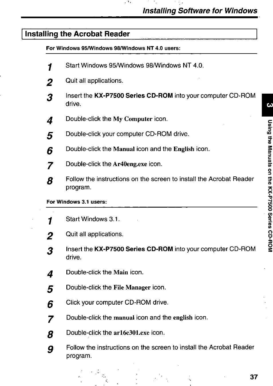 Installing the acrobat reader, My computer, Manual | English, Ar40eng.exe, File manager | Panasonic KX-P7510 User Manual | Page 37 / 68