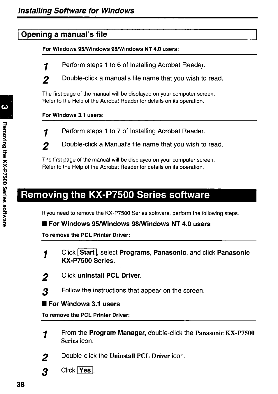 Opening a manual’s file, 2 click uninstall pcl driver, Removing the kx-p7500 series software | Panasonic kx-p7500 series, Uninstall, Driver | Panasonic KX-P7510 User Manual | Page 38 / 68