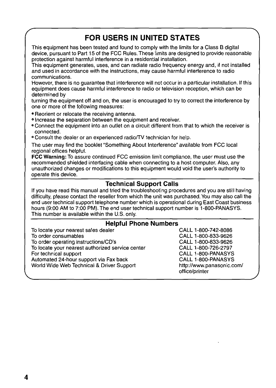 For users in united states, Technical support calls, Helpful phone numbers | Panasonic KX-P7510 User Manual | Page 4 / 68