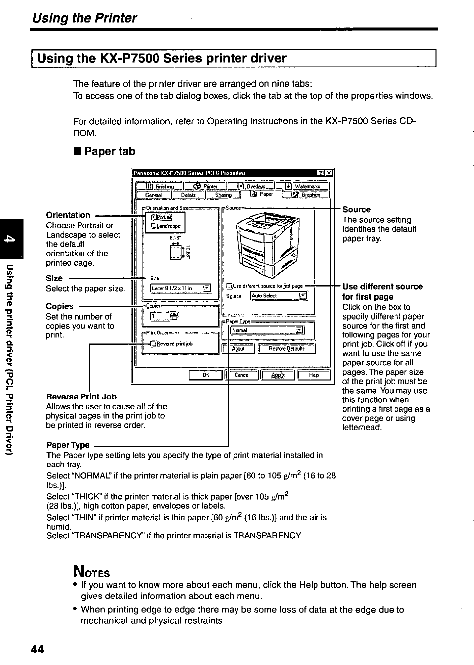 Using the kx-p7500 series printer driver, Paper tab, Orientation | Size, Copies, Reverse print job, Papertype, Source, Using the printer | Panasonic KX-P7510 User Manual | Page 44 / 68