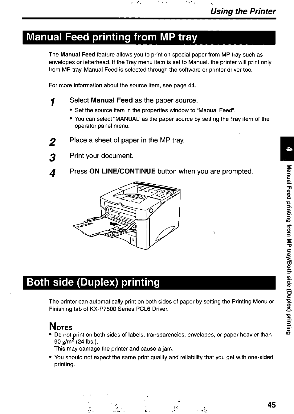 Select manual feed as the paper source, Place a sheet of paper in the mp tray, Print your document | Manual feed printing from mp tray, Both side (duplex) printing, Using the printer | Panasonic KX-P7510 User Manual | Page 45 / 68