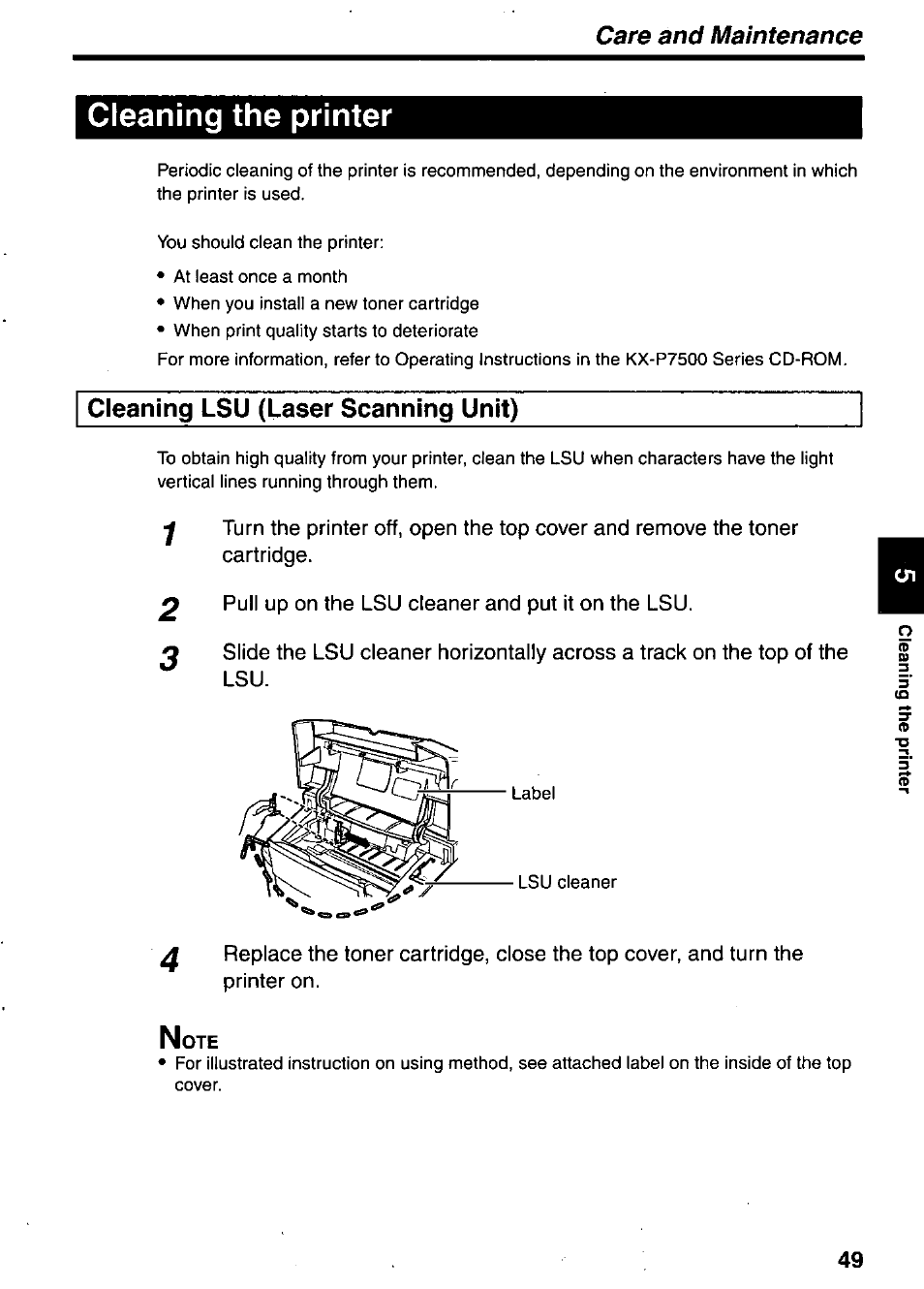 Cleaning lsu (laser scanning unit), 2 pull up on the lsu cleaner and put it on the lsu, Cleaning the printer | Care and maintenance | Panasonic KX-P7510 User Manual | Page 49 / 68