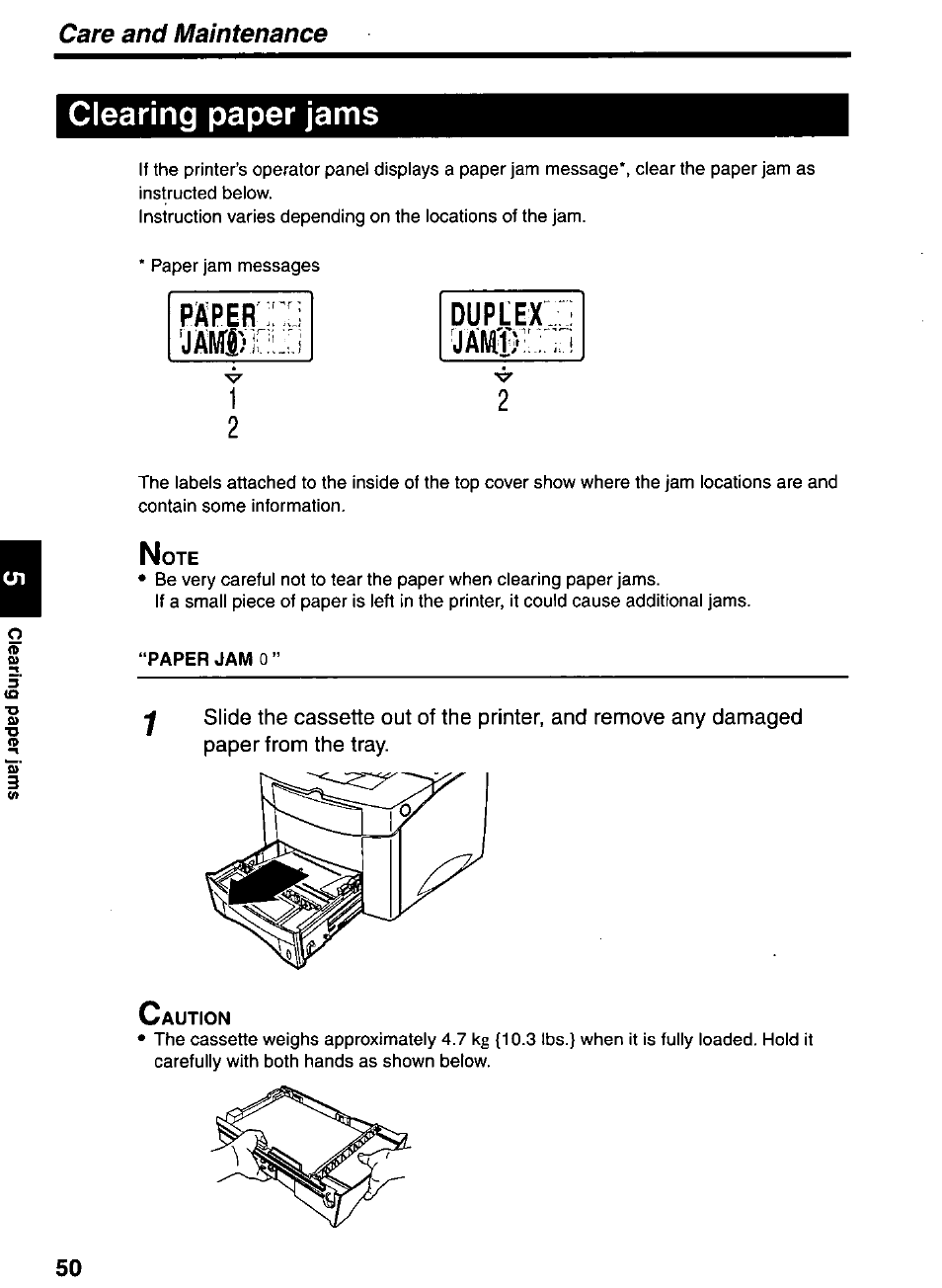 Clearing paper jams, Paper ;:i, Aaitt | Duplex, Care and maintenance | Panasonic KX-P7510 User Manual | Page 50 / 68