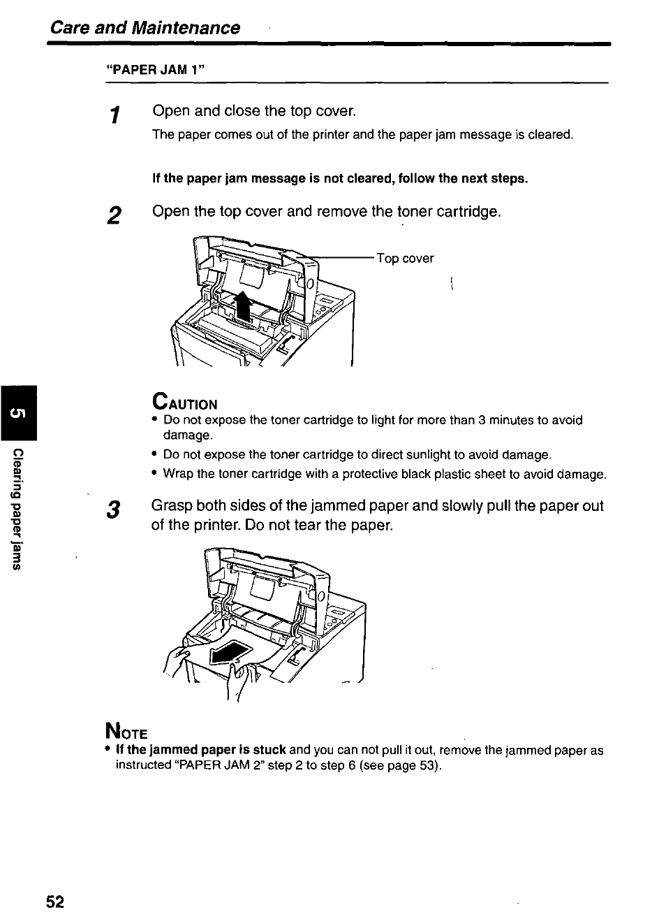 Y open and close the top cover, Open the top cover and remove the toner cartridge, Care and maintenance | Panasonic KX-P7510 User Manual | Page 52 / 68