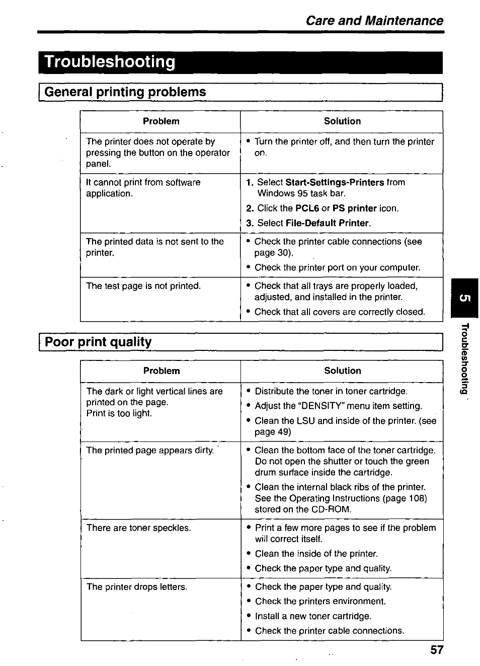 General printing problems, Poor print quality, Troubleshooting | Care and maintenance | Panasonic KX-P7510 User Manual | Page 57 / 68