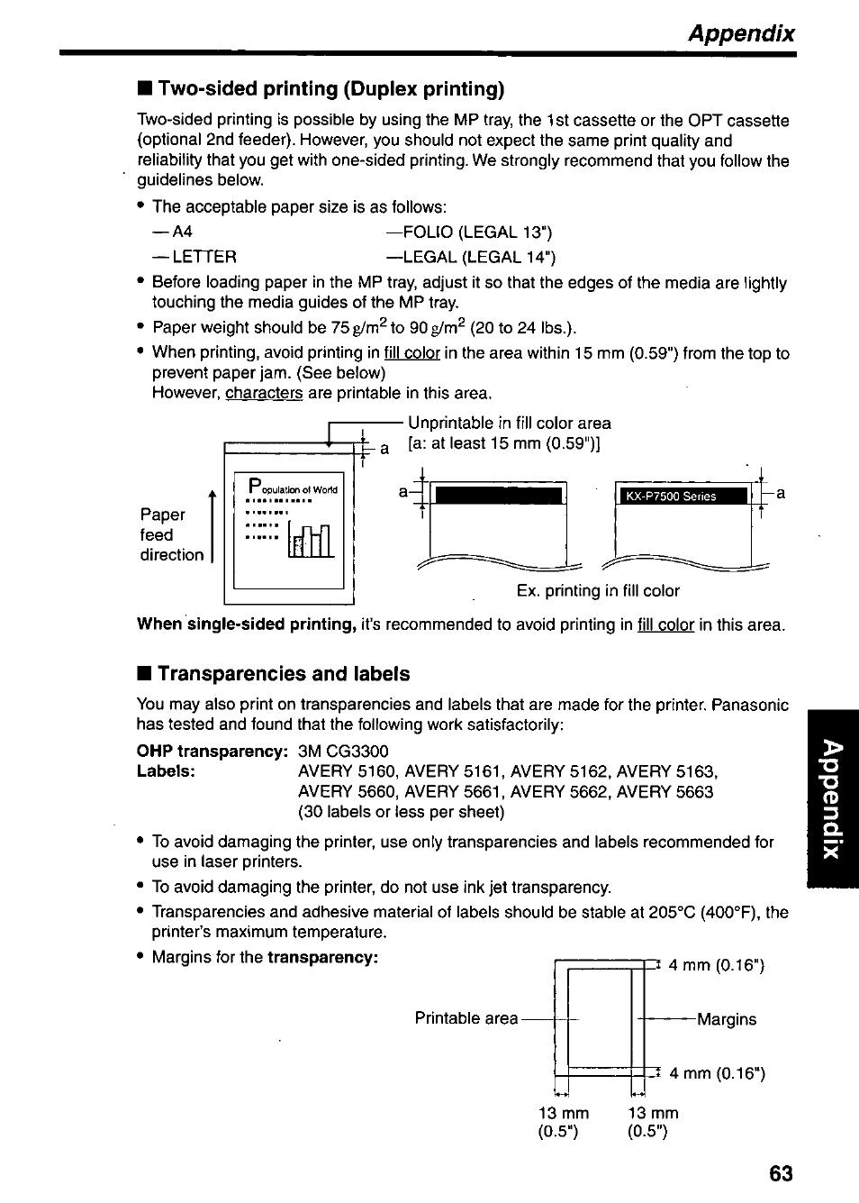 Ш two-sided printing (dupiex printing), Transparencies and labels, Appendix | Two-sided printing (dupiex printing) | Panasonic KX-P7510 User Manual | Page 63 / 68