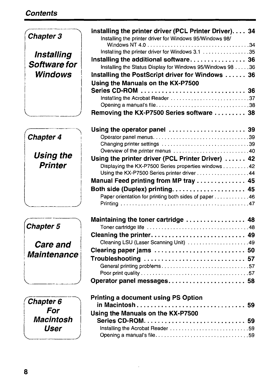 Installing software for windows, Using the printer, Care and maintenance | For macintosh user | Panasonic KX-P7510 User Manual | Page 8 / 68