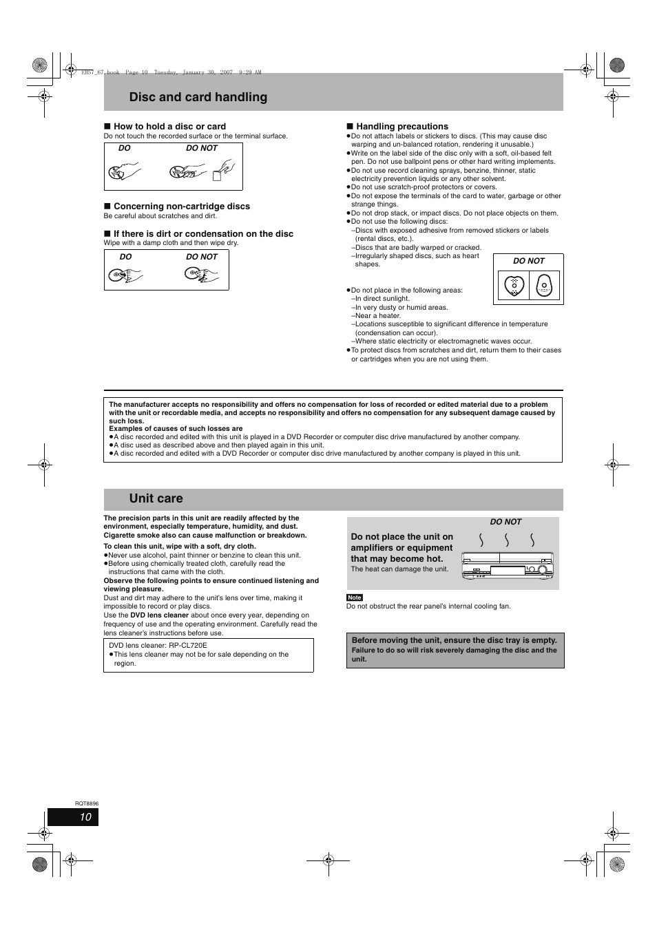 Disc and card handling, Unit care | Panasonic MR-EH57 EN User Manual | Page 10 / 88