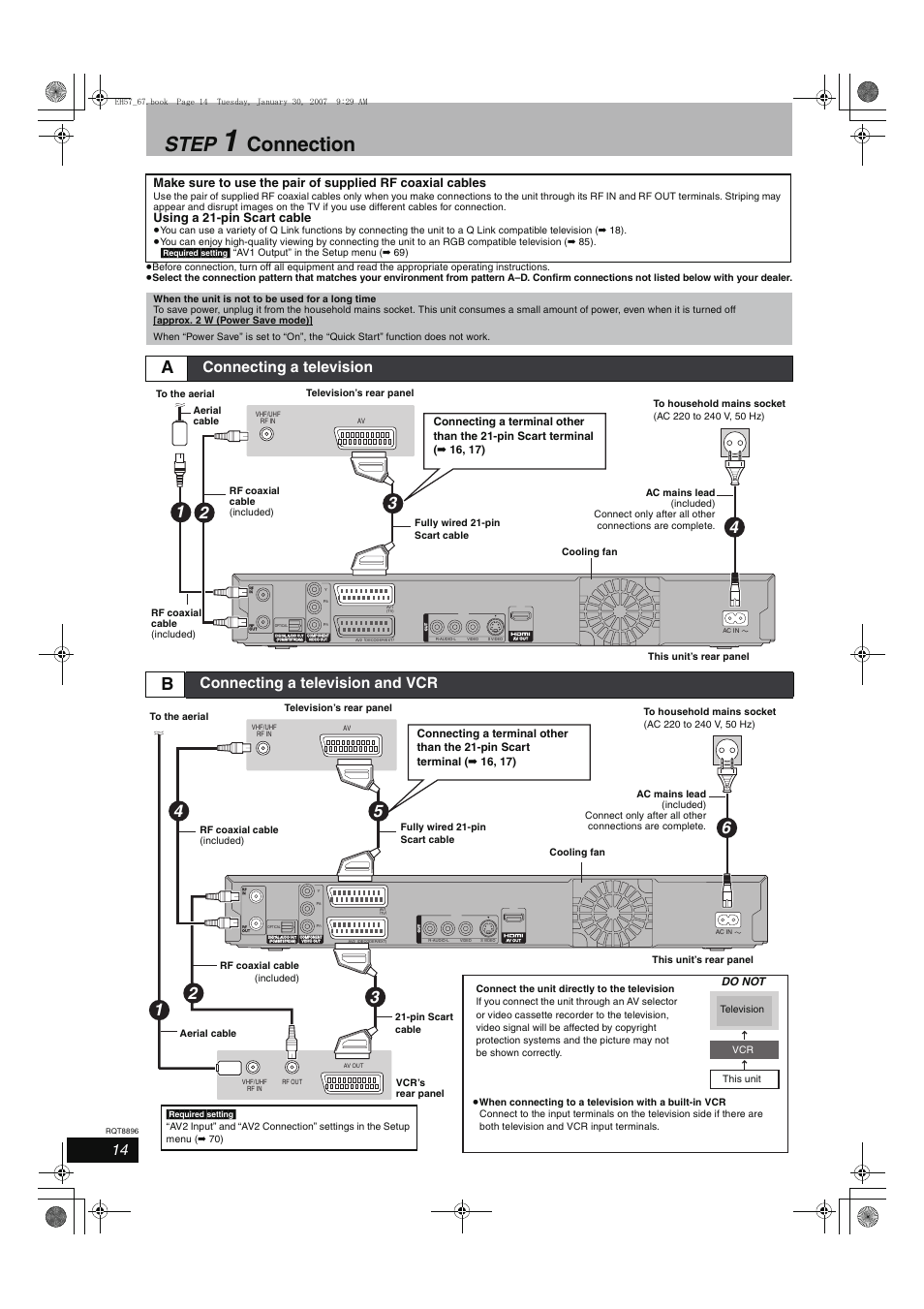 Step, Connection, Connecting a television | Connecting a television and vcr, Using a 21-pin scart cable | Panasonic MR-EH57 EN User Manual | Page 14 / 88