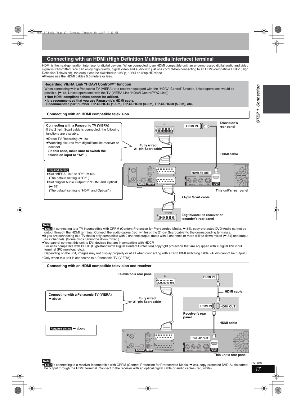 Ste p 1 c onne c tion, Regarding viera link “hdavi control, Function | Panasonic MR-EH57 EN User Manual | Page 17 / 88