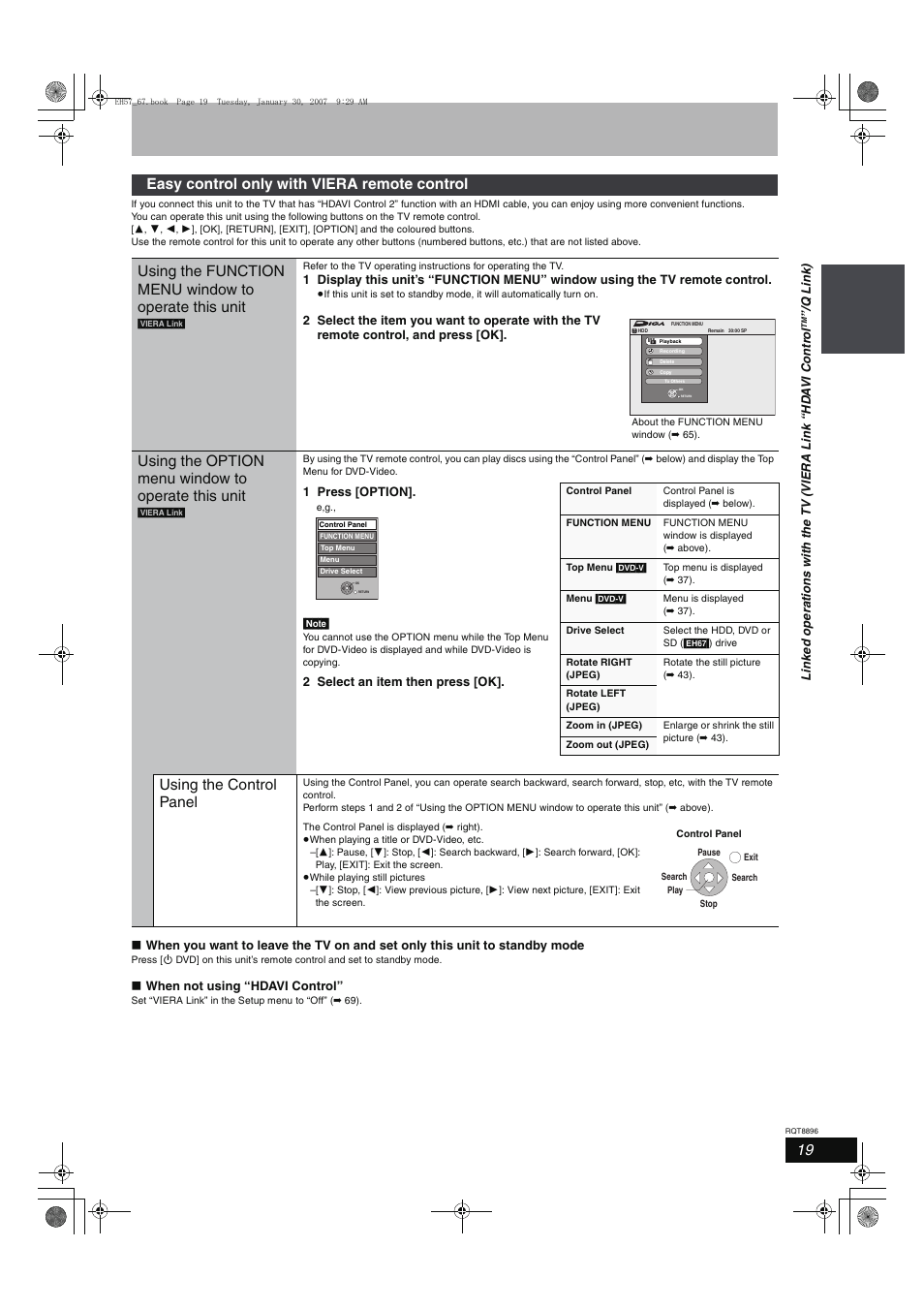 Using the option menu window to operate this unit, Using the control panel | Panasonic MR-EH57 EN User Manual | Page 19 / 88