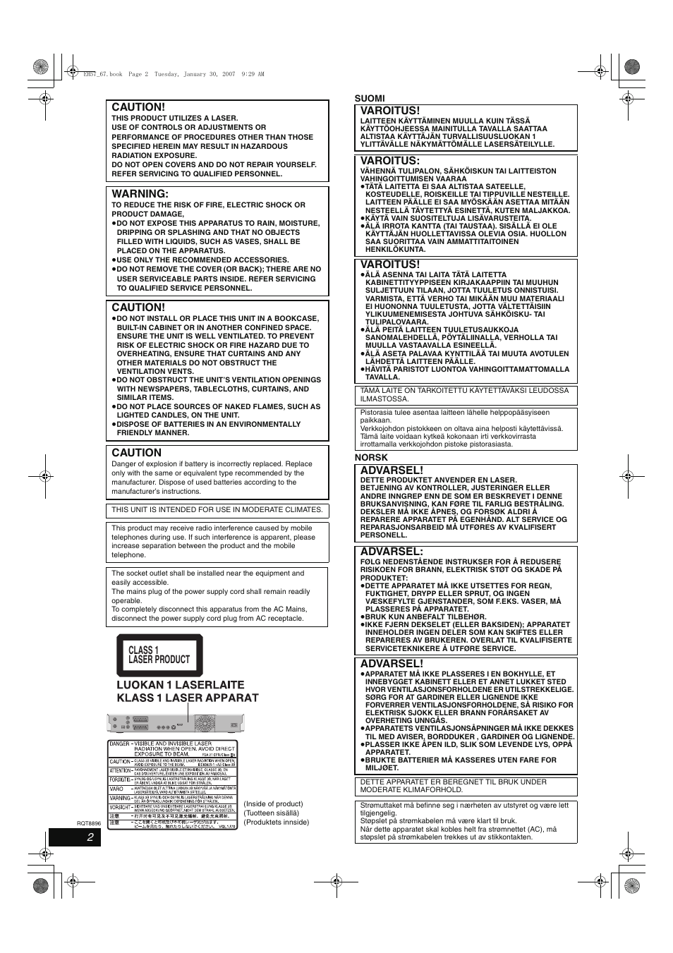 Caution, Warning, Class 1 laser product | Varoitus, Advarsel | Panasonic MR-EH57 EN User Manual | Page 2 / 88