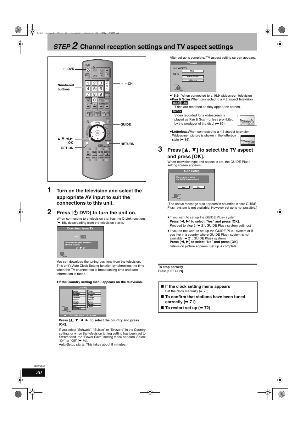 Step, Channel reception settings and tv aspect settings, Press [ í dvd] to turn the unit on | If the clock setting menu appears | Panasonic MR-EH57 EN User Manual | Page 20 / 88