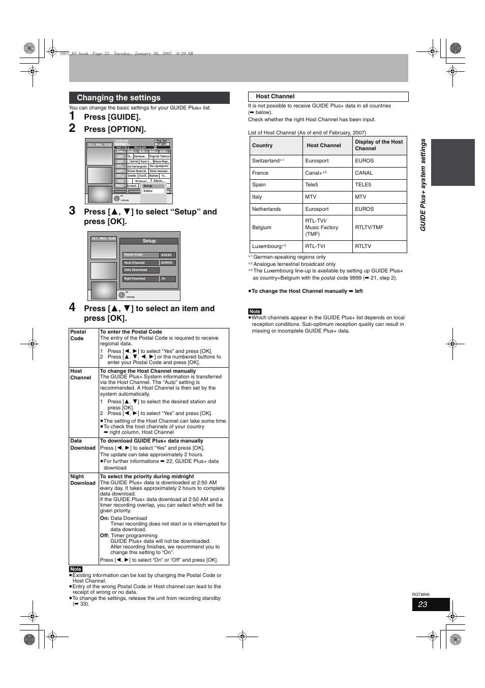 Press [guide, Press [option, Press [ 3 , 4 ] to select “setup” and press [ok | Press [ 3 , 4 ] to select an item and press [ok, Changing the settings | Panasonic MR-EH57 EN User Manual | Page 23 / 88