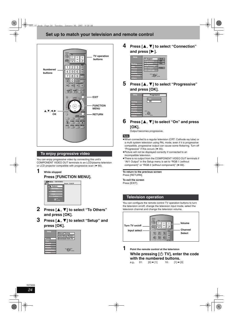 Set up to match your television and remote control, Press [function menu, Press [ 3 , 4 ] to select “setup” and press [ok | Press [ 3 , 4 ] to select “on” and press [ok, Television operation | Panasonic MR-EH57 EN User Manual | Page 24 / 88