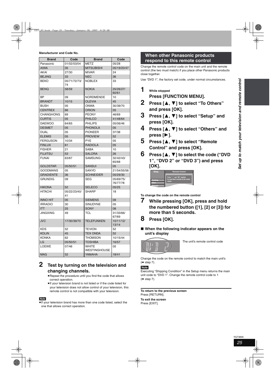 Press [function menu, Press [ 3 , 4 ] to select “setup” and press [ok, Press [ 3 , 4 ] to select “others” and press [ 1 | Press [ok | Panasonic MR-EH57 EN User Manual | Page 25 / 88