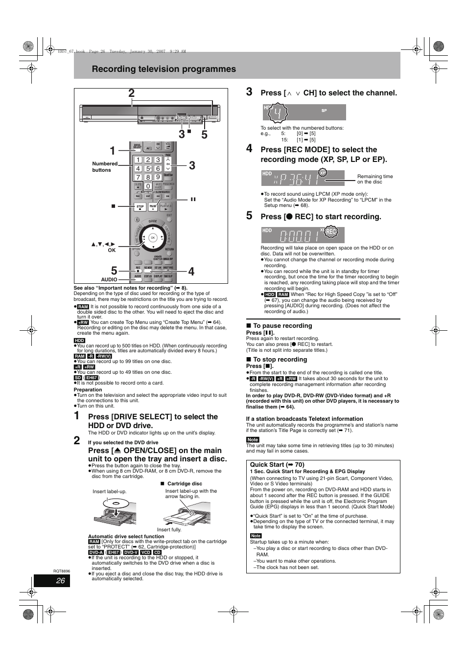 Recording television programmes, Press [ w x ch] to select the channel, Press [ ¥ rec] to start recording | Quick start ( ➡ 70) | Panasonic MR-EH57 EN User Manual | Page 26 / 88