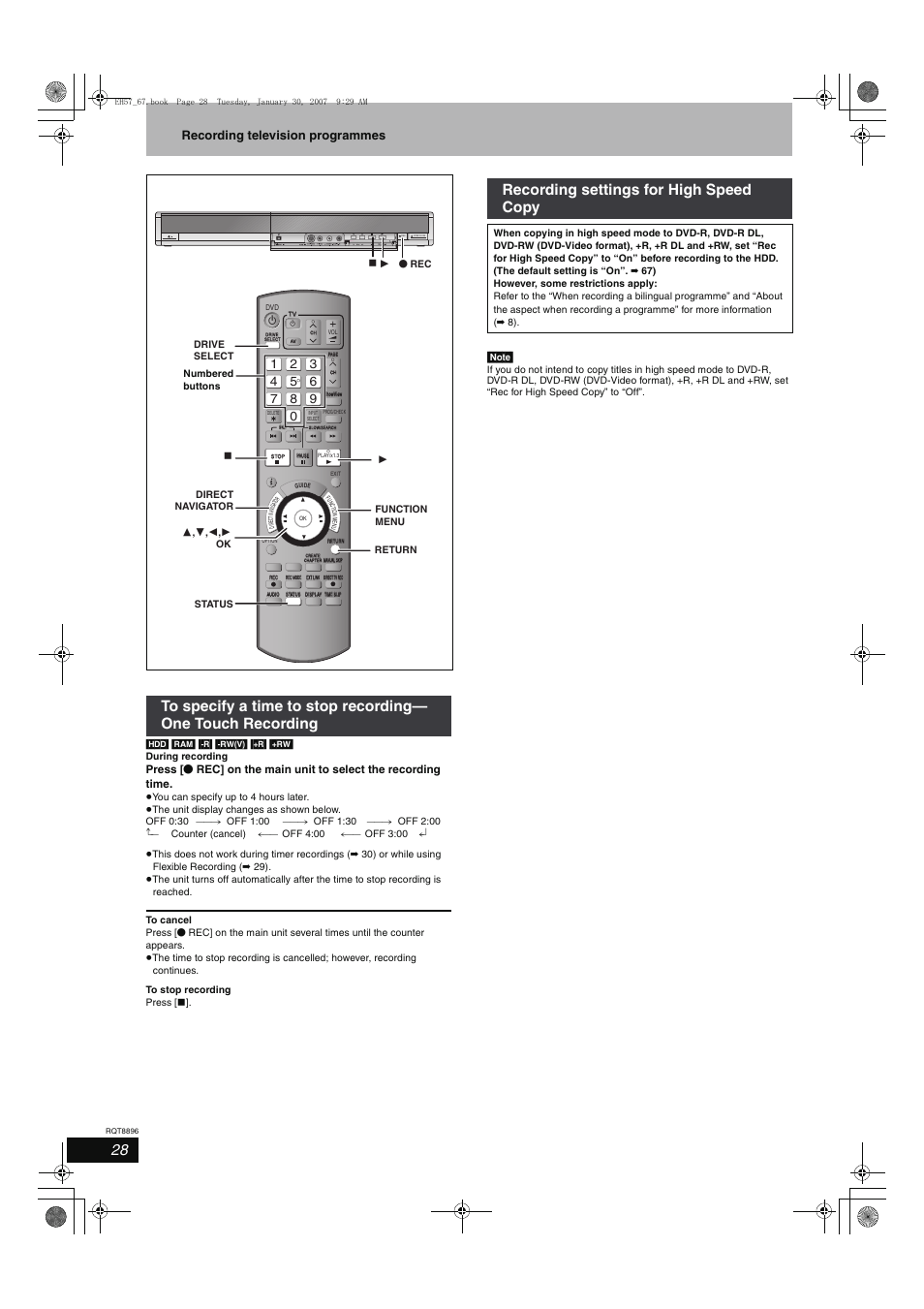 Recording settings for high speed copy, Recording television programmes | Panasonic MR-EH57 EN User Manual | Page 28 / 88