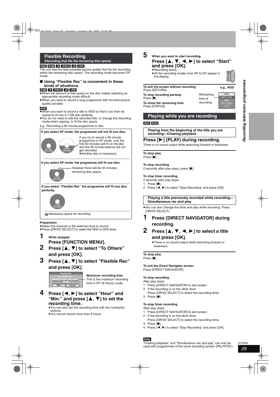 Press [function menu, Press [ 1 ] (play) during recording, Press [direct navigator] during recording | Flexible recording, Playing while you are recording | Panasonic MR-EH57 EN User Manual | Page 29 / 88
