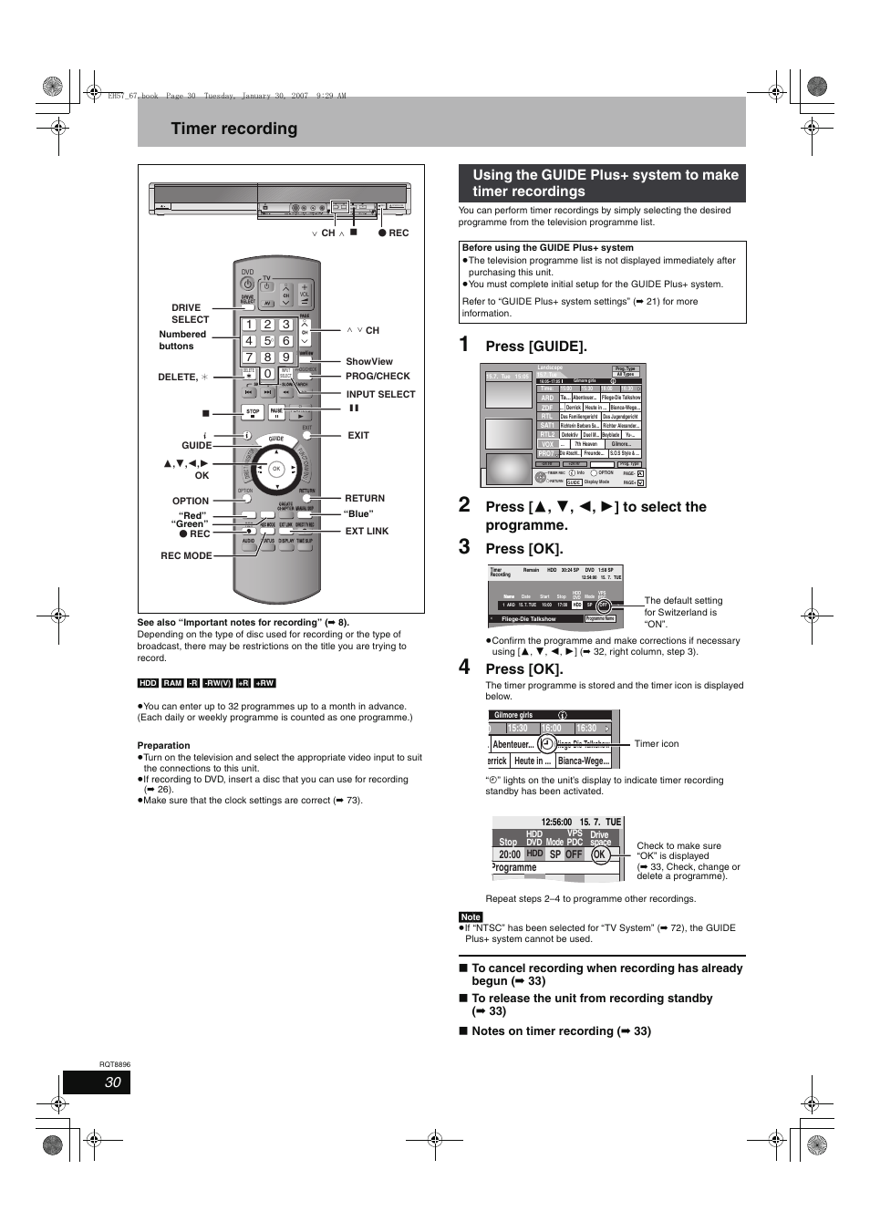 Timer recording, Press [guide, Press [ 3 , 4 , 2 , 1 ] to select the programme | Press [ok, Sp ok 20:00 off programme | Panasonic MR-EH57 EN User Manual | Page 30 / 88