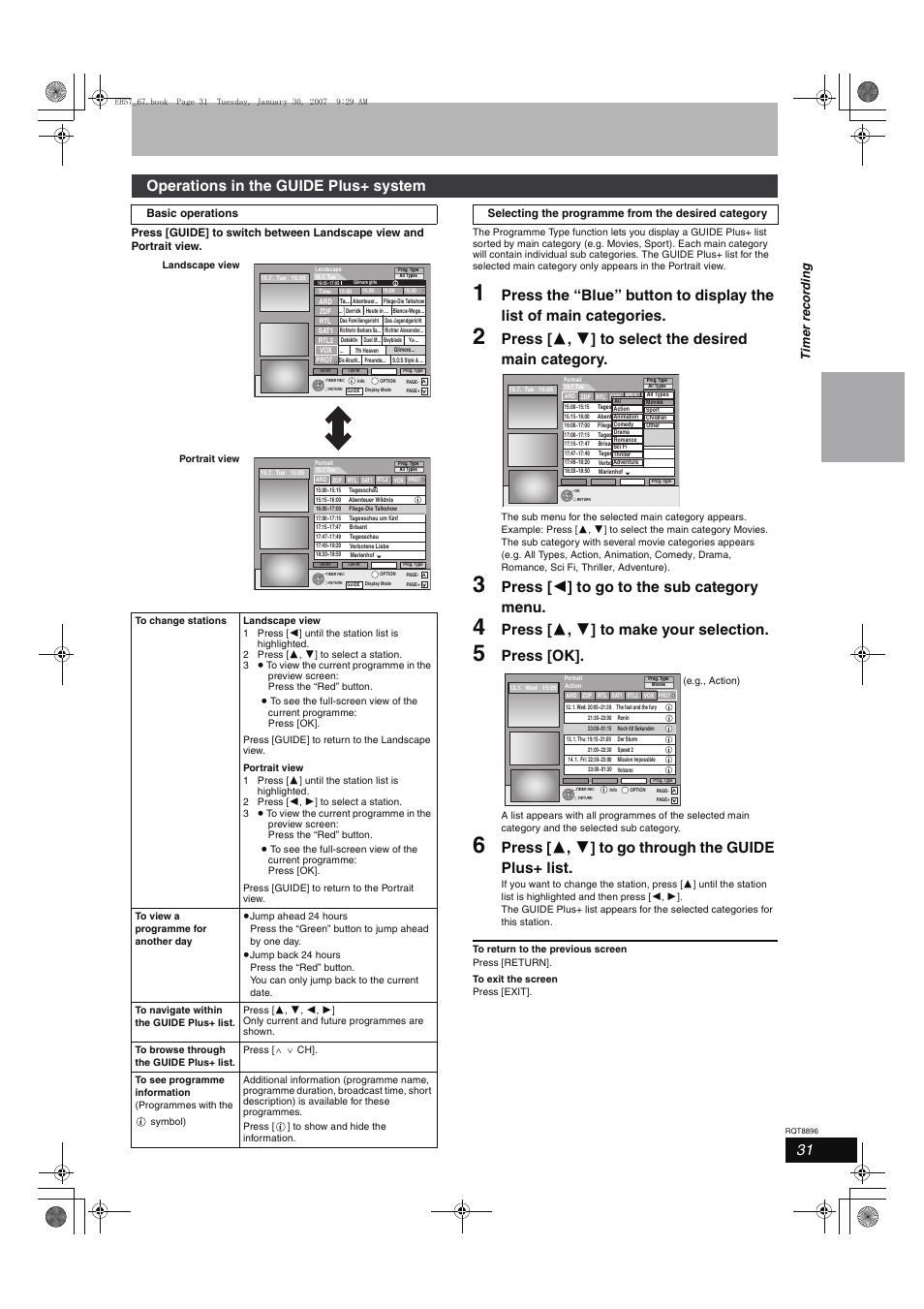 Press [ 2 ] to go to the sub category menu, Press [ 3 , 4 ] to make your selection, Press [ok | Press [ 3 , 4 ] to go through the guide plus+ list, Operations in the guide plus+ system, Tim e r rec o rd in g | Panasonic MR-EH57 EN User Manual | Page 31 / 88