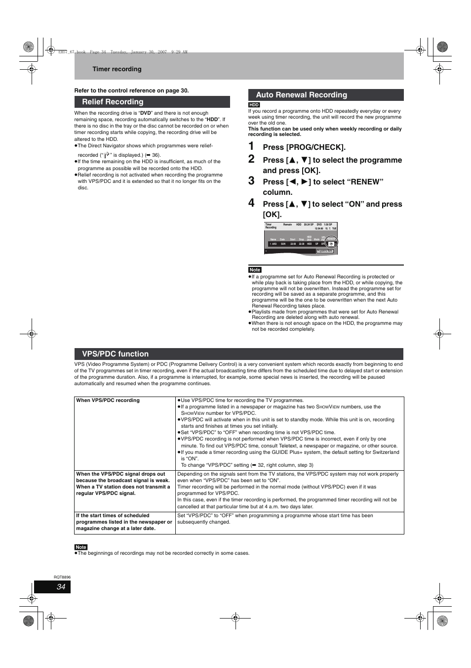 Press [prog/check, Press [ 2 , 1 ] to select “renew” column, Press [ 3 , 4 ] to select “on” and press [ok | Relief recording auto renewal recording, Vps/pdc function | Panasonic MR-EH57 EN User Manual | Page 34 / 88