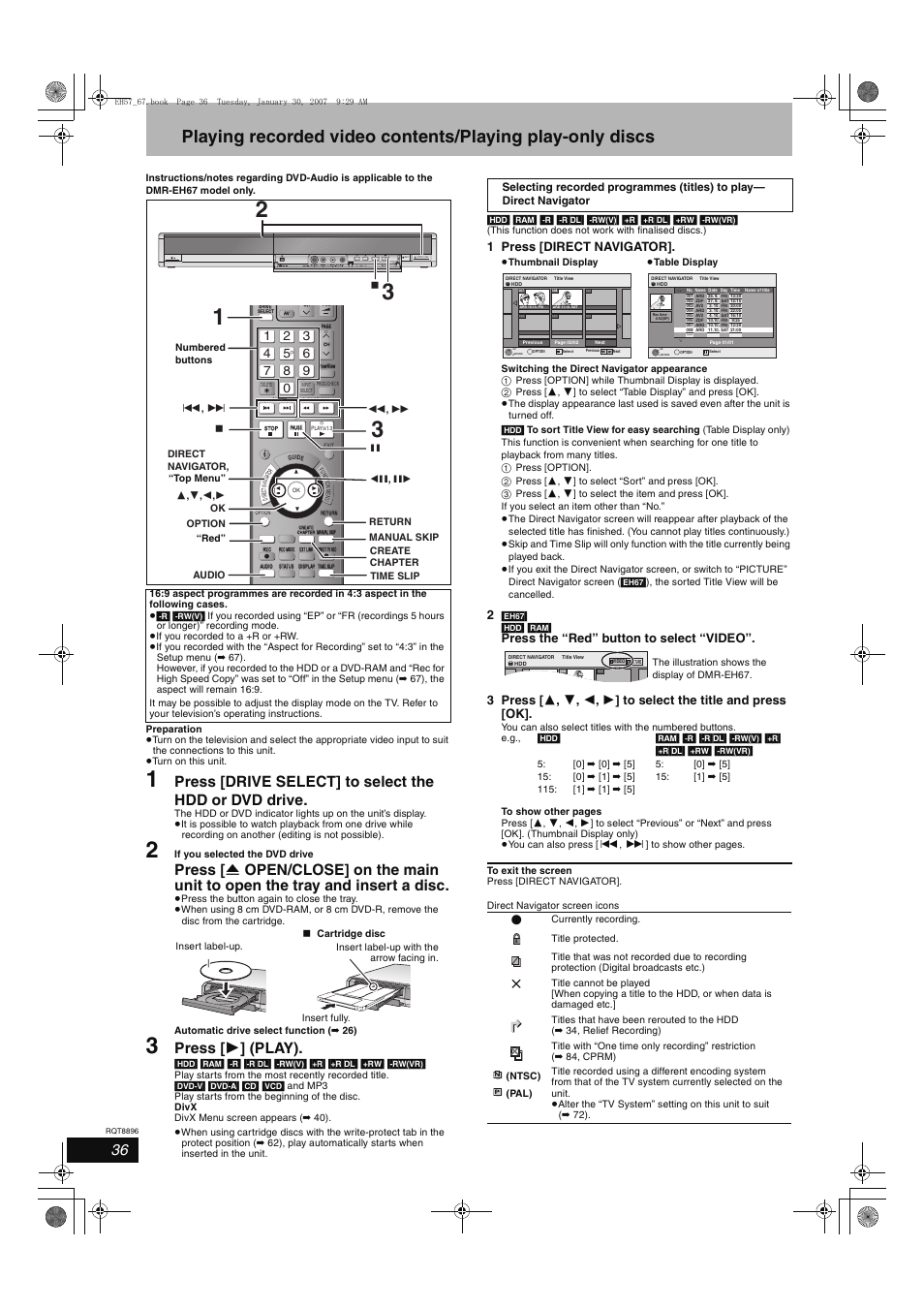 Press [ 1 ] (play), 1 press [direct navigator | Panasonic MR-EH57 EN User Manual | Page 36 / 88