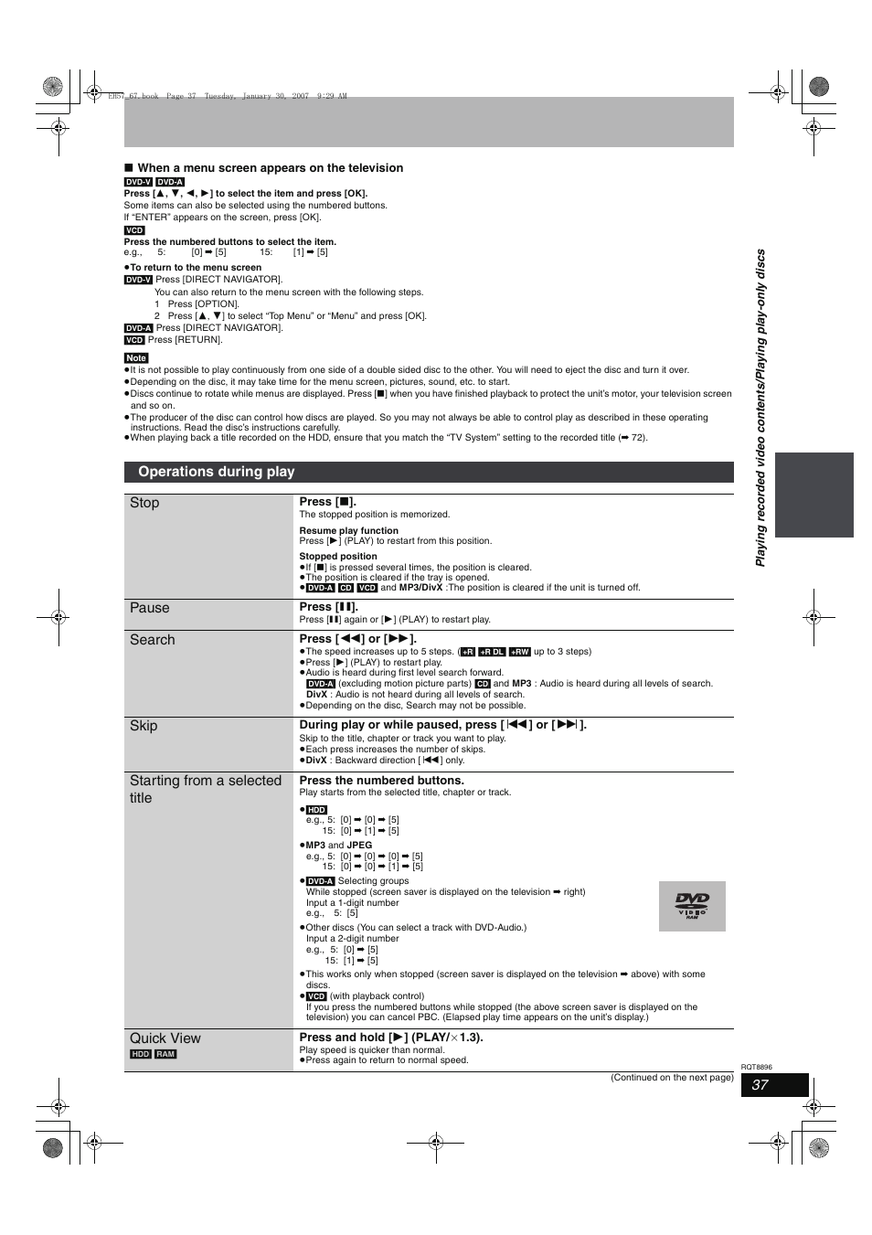 Operations during play stop, Pause, Search | Skip, Starting from a selected title, Quick view | Panasonic MR-EH57 EN User Manual | Page 37 / 88