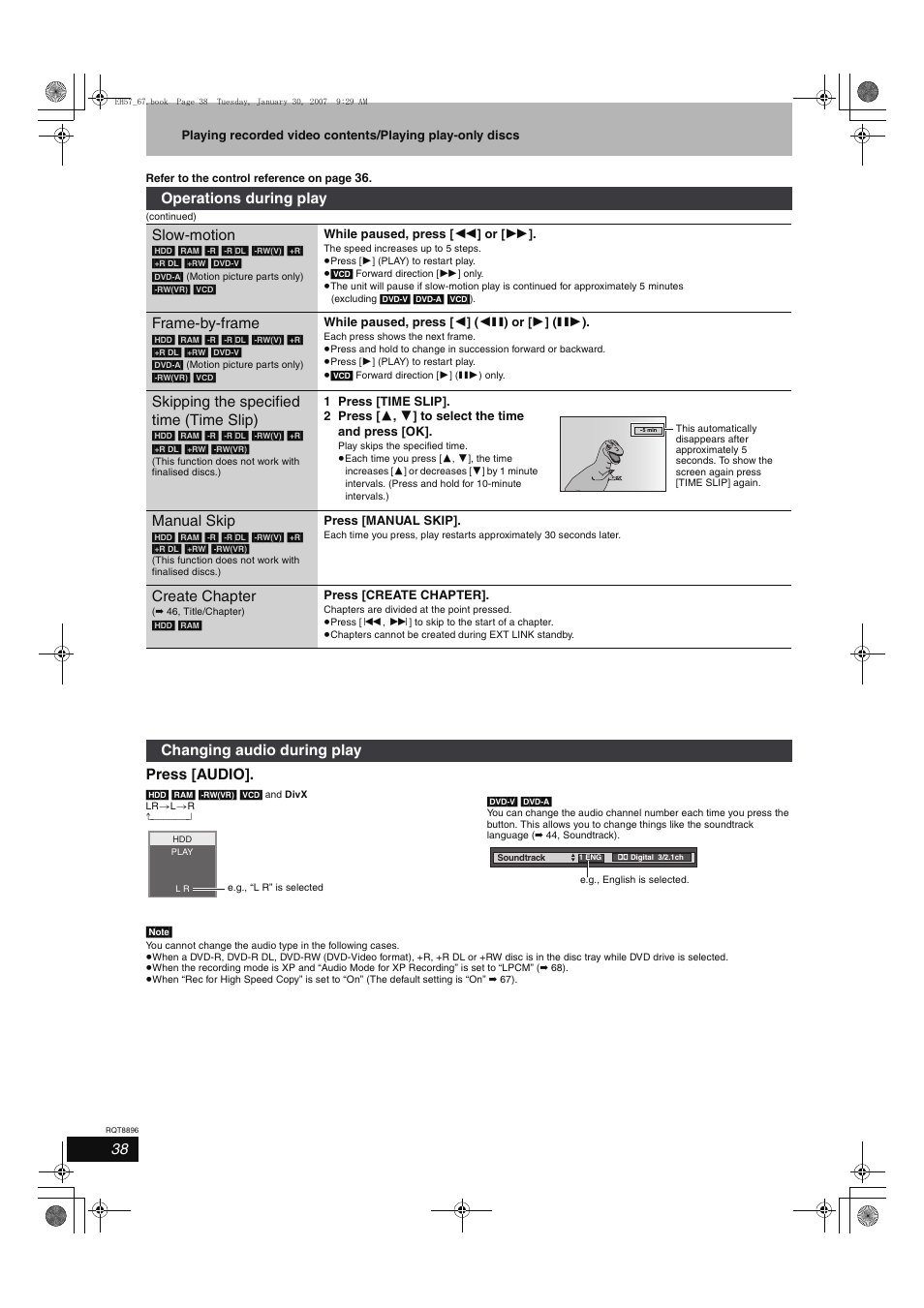 Press [audio, Operations during play slow-motion, Frame-by-frame | Skipping the specified time (time slip), Manual skip, Create chapter, Changing audio during play | Panasonic MR-EH57 EN User Manual | Page 38 / 88