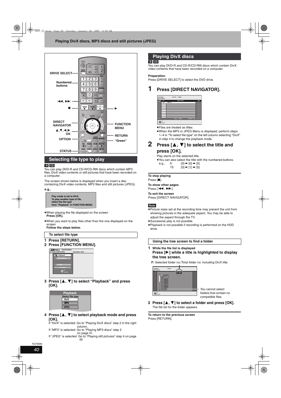 Press [direct navigator, Press [ 3 , 4 ] to select the title and press [ok, Selecting file type to play | Playing divx discs | Panasonic MR-EH57 EN User Manual | Page 40 / 88