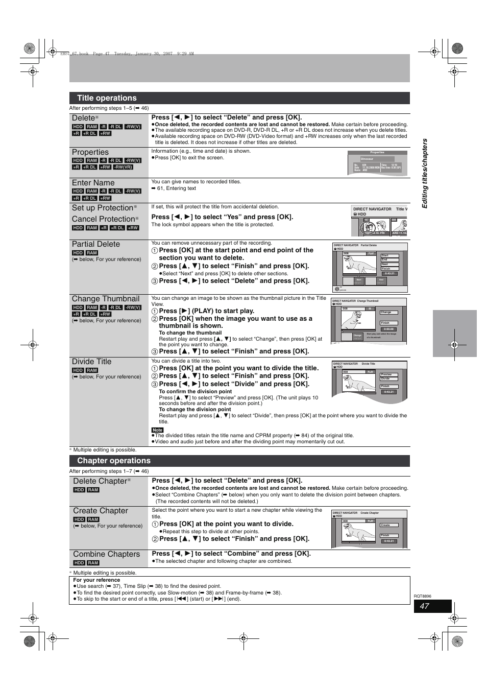 Title operations delete, Properties, Enter name | Set up protection, Cancel protection, Partial delete, Change thumbnail, Divide title, Chapter operations delete chapter, Create chapter | Panasonic MR-EH57 EN User Manual | Page 47 / 88