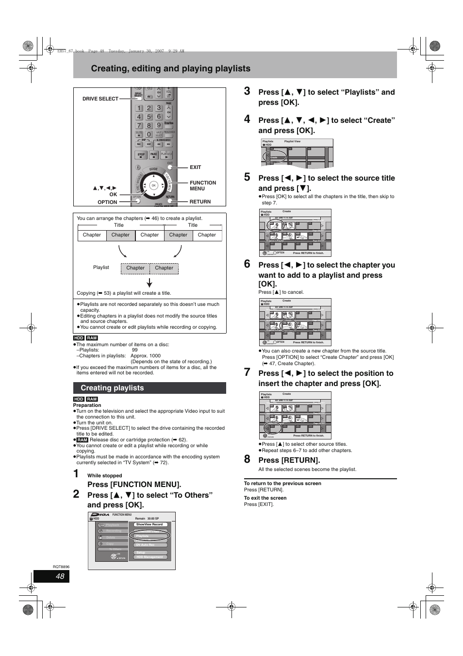 Creating, editing and playing playlists, Press [function menu, Press [return | Creating playlists | Panasonic MR-EH57 EN User Manual | Page 48 / 88