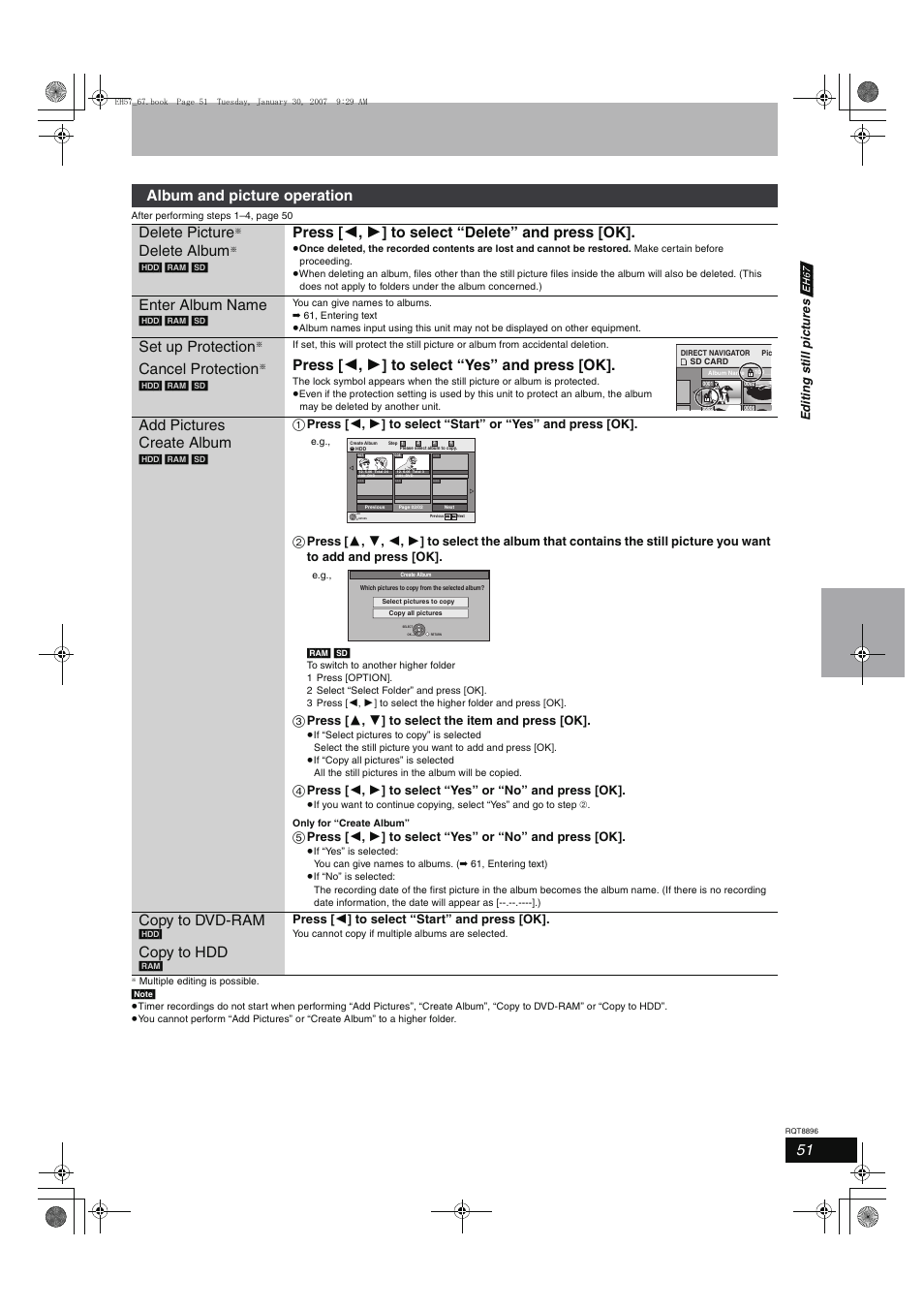 Album and picture operation delete picture, Delete album, Press [ 2 , 1 ] to select “delete” and press [ok | Enter album name, Set up protection, Cancel protection, Press [ 2 , 1 ] to select “yes” and press [ok, Add pictures create album, Copy to dvd-ram, Copy to hdd | Panasonic MR-EH57 EN User Manual | Page 51 / 88
