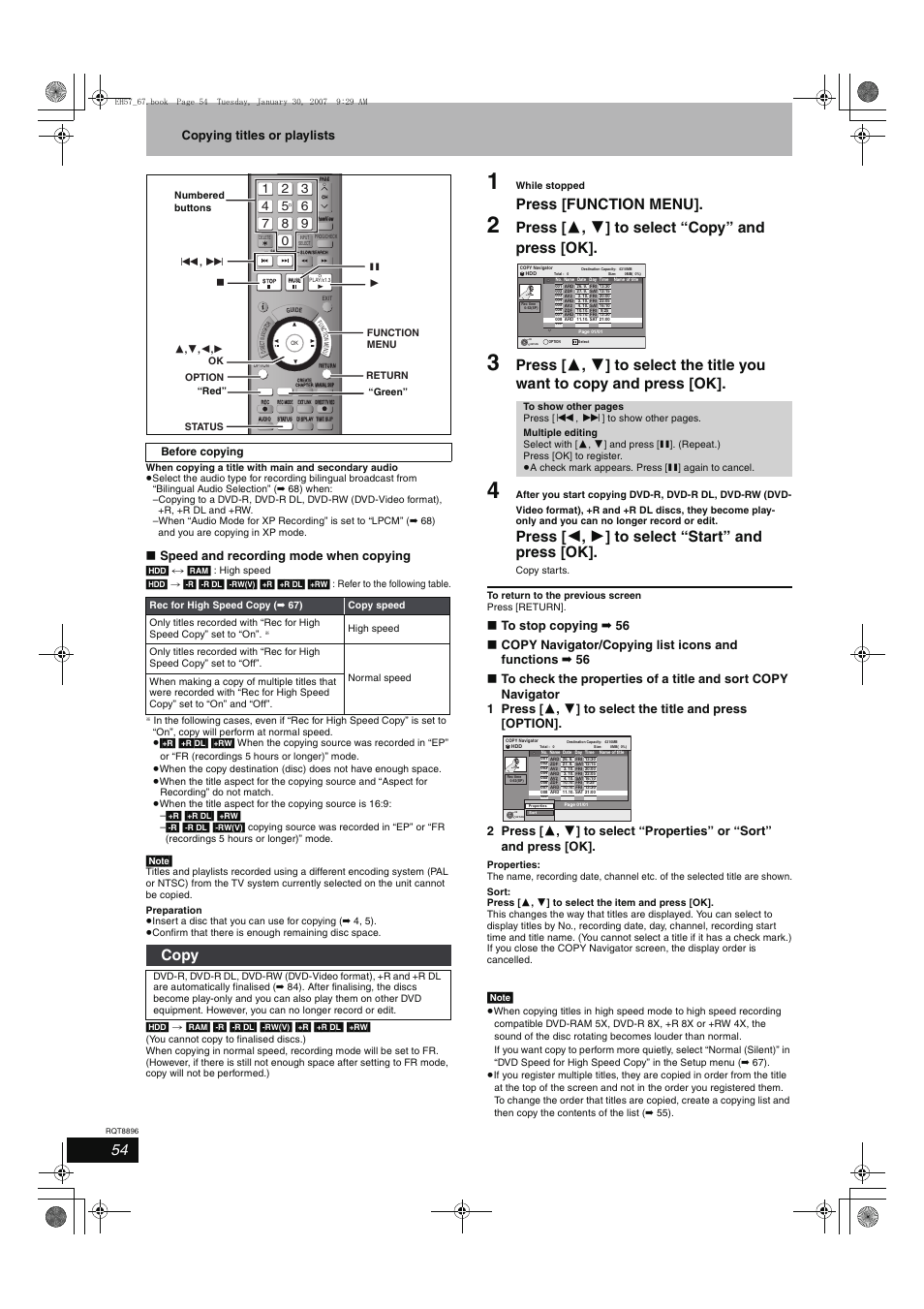 Press [function menu, Press [ 3 , 4 ] to select “copy” and press [ok, Press [ 2 , 1 ] to select “start” and press [ok | Copy, Copying titles or playlists, Speed and recording mode when copying | Panasonic MR-EH57 EN User Manual | Page 54 / 88