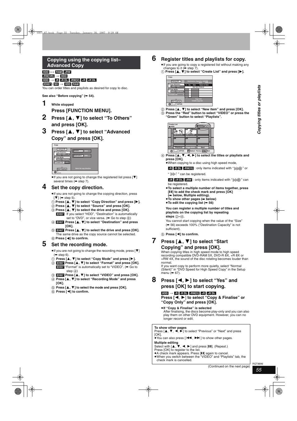 Press [function menu, Set the copy direction, Set the recording mode | Register titles and playlists for copy, Copying using the copying list– advanced copy, Cop y ing title s or pla y li s ts | Panasonic MR-EH57 EN User Manual | Page 55 / 88