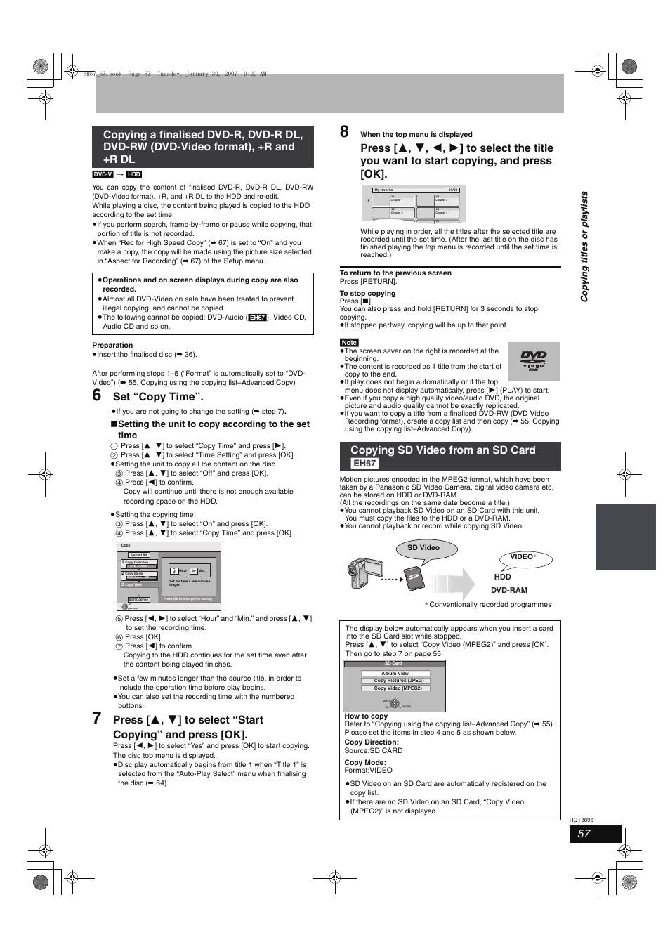 Set “copy time, Copying sd video from an sd card [eh67, Setting the unit to copy according to the set time | Cop y ing title s or pla y li s ts | Panasonic MR-EH57 EN User Manual | Page 57 / 88