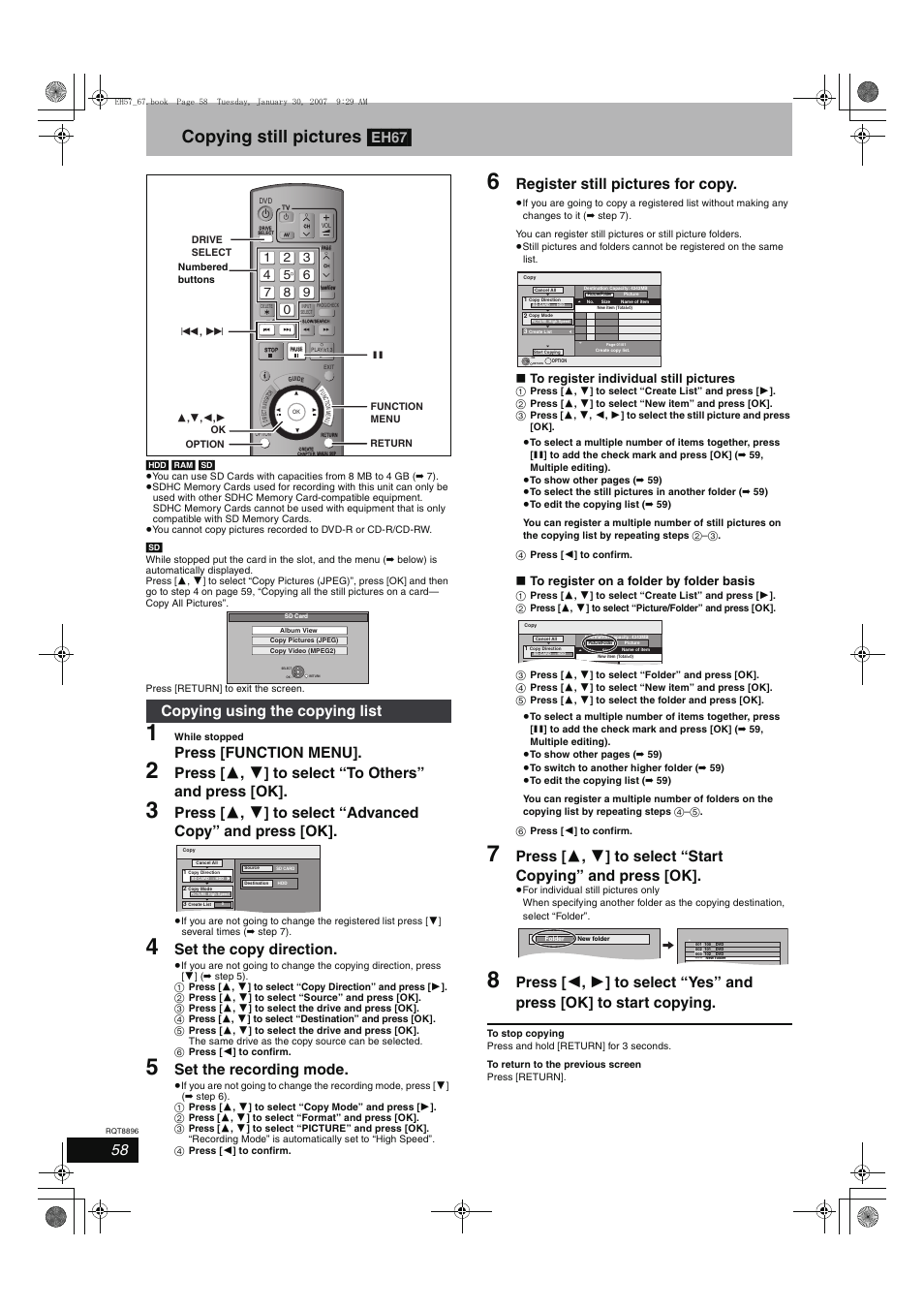 Copying still pictures [eh67, Press [function menu, Set the copy direction | Set the recording mode, Register still pictures for copy, Copying using the copying list | Panasonic MR-EH57 EN User Manual | Page 58 / 88
