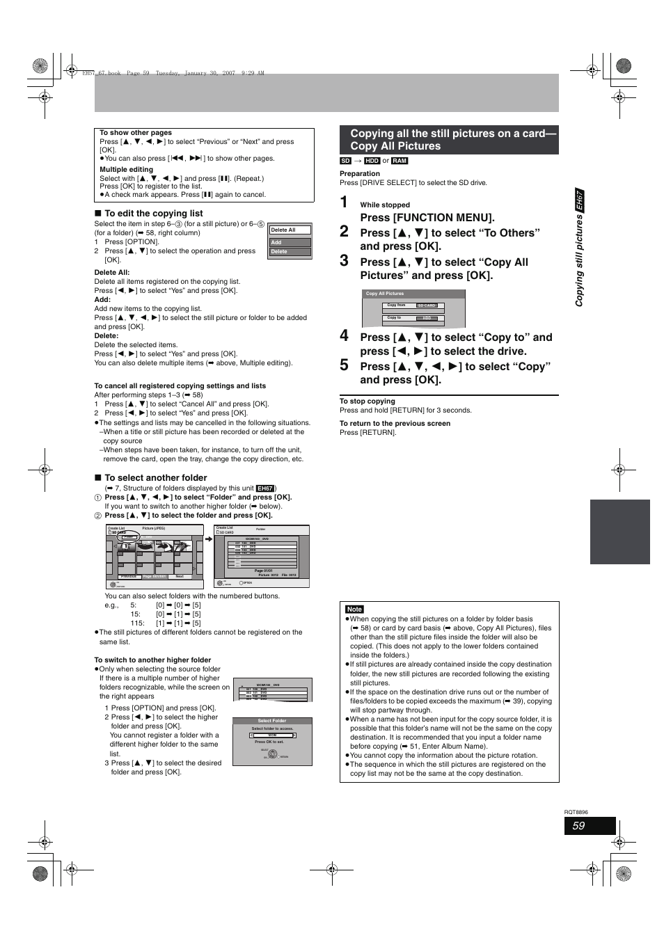 Press [function menu, Cop y ing s ti ll pic tur e s [eh 67 | Panasonic MR-EH57 EN User Manual | Page 59 / 88