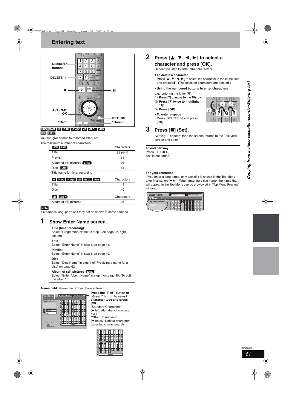 Entering text, Show enter name screen, Press [ ∫ ] (set) | Panasonic MR-EH57 EN User Manual | Page 61 / 88