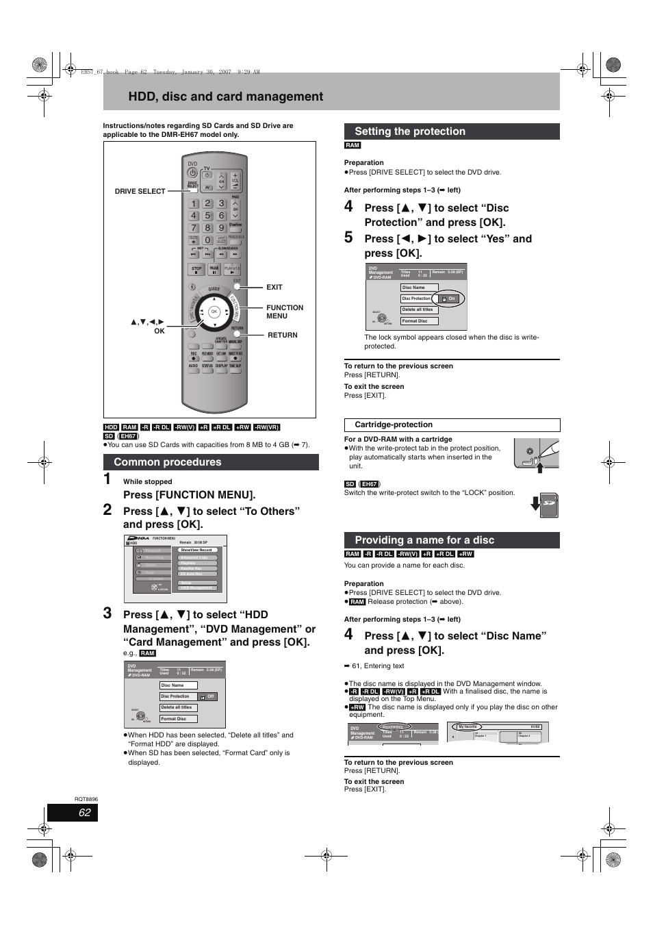 Hdd, disc and card management, Press [function menu, Press [ 2 , 1 ] to select “yes” and press [ok | Common procedures, Setting the protection, Providing a name for a disc, Lock | Panasonic MR-EH57 EN User Manual | Page 62 / 88