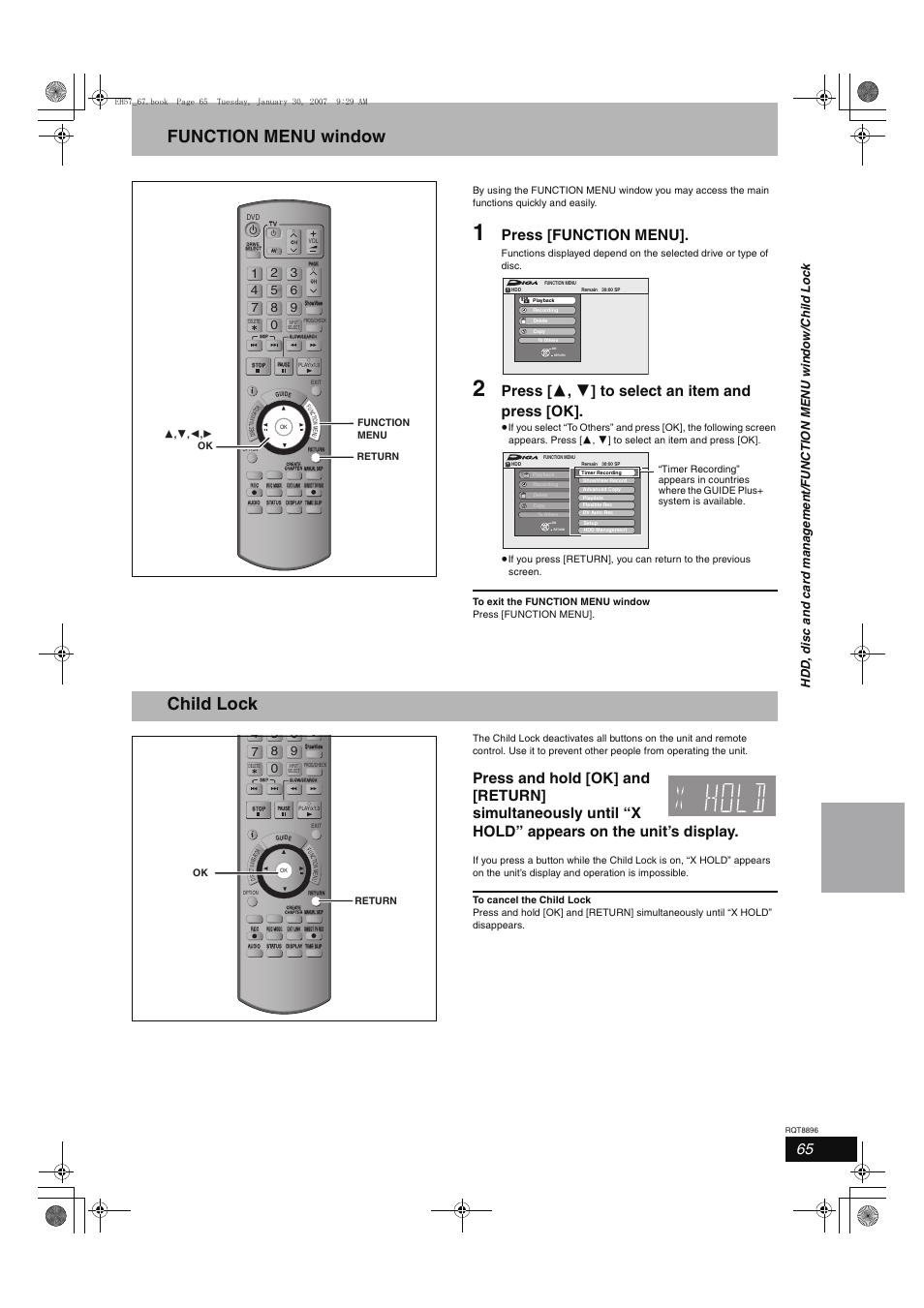 Function menu window, Child lock, Press [function menu | Press [ 3 , 4 ] to select an item and press [ok | Panasonic MR-EH57 EN User Manual | Page 65 / 88