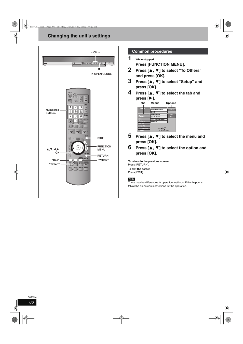 Changing the unit’s settings, Press [function menu, Press [ 3 , 4 ] to select “setup” and press [ok | Press [ 3 , 4 ] to select the tab and press [ 1, Press [ 3 , 4 ] to select the menu and press [ok, Press [ 3 , 4 ] to select the option and press [ok, Common procedures | Panasonic MR-EH57 EN User Manual | Page 66 / 88