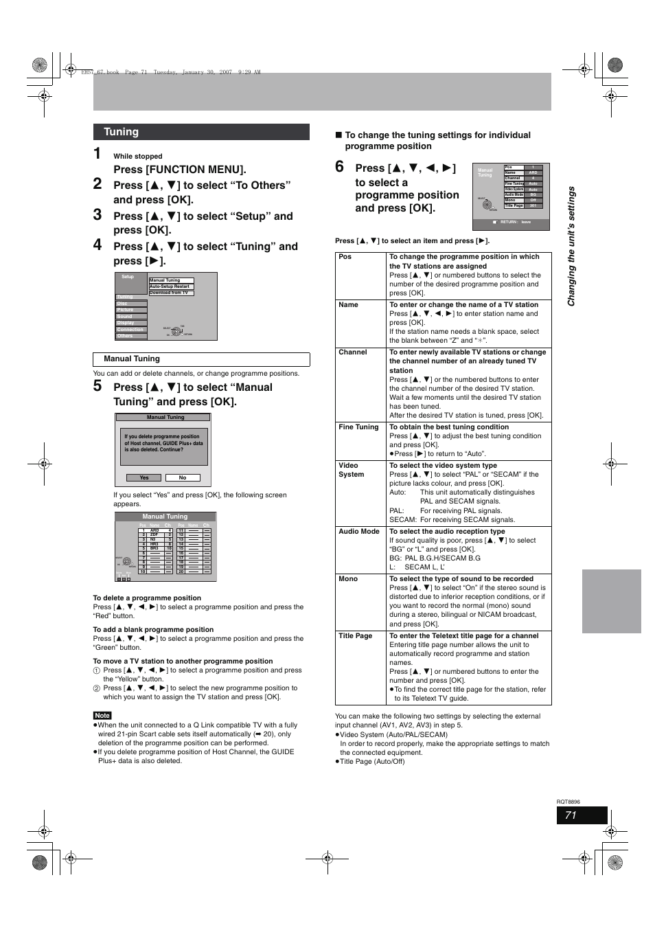 Press [function menu, Press [ 3 , 4 ] to select “setup” and press [ok, Press [ 3 , 4 ] to select “tuning” and press [ 1 | Tuning | Panasonic MR-EH57 EN User Manual | Page 71 / 88