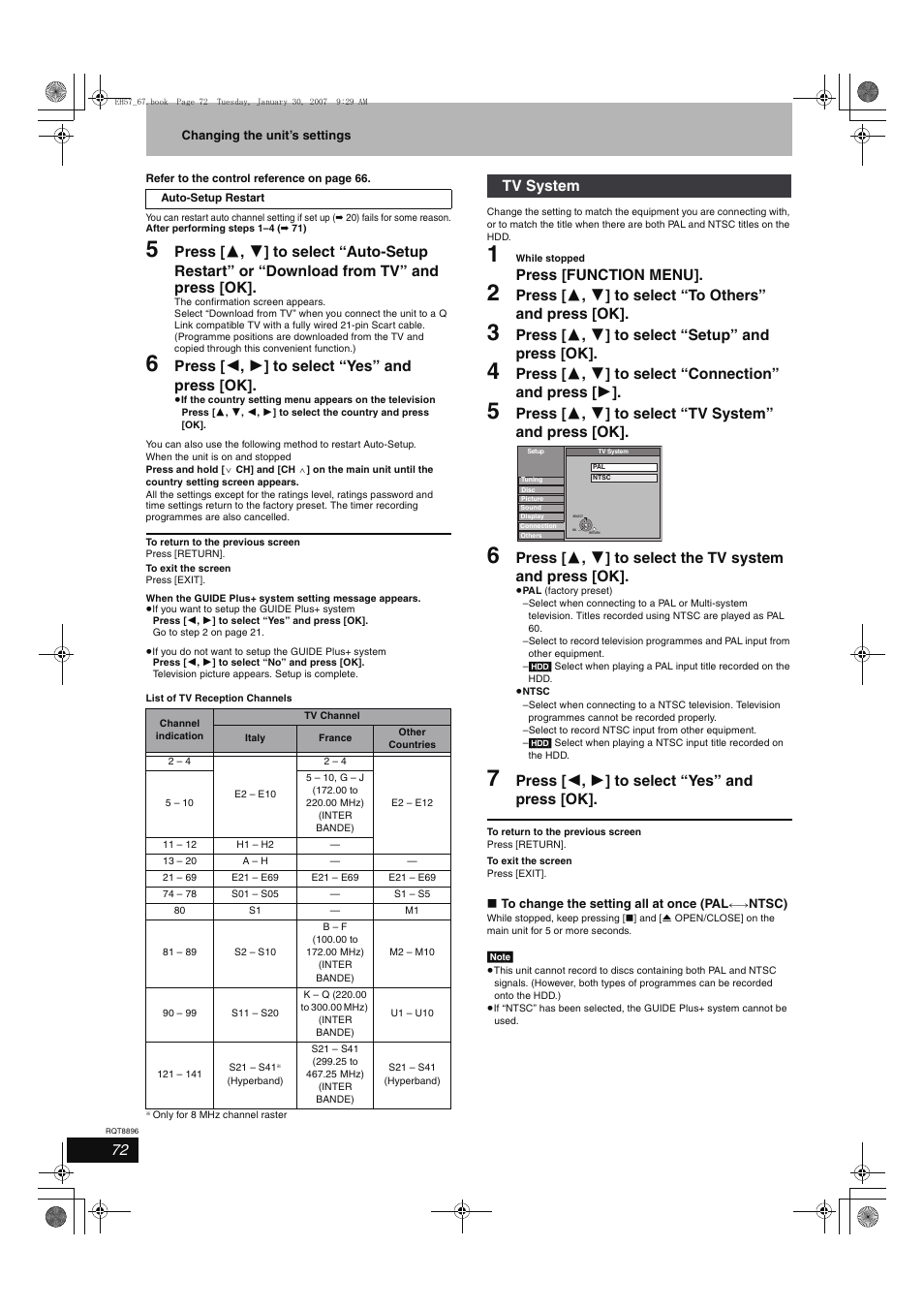 Press [ 2 , 1 ] to select “yes” and press [ok, Press [function menu, Press [ 3 , 4 ] to select “setup” and press [ok | Tv system | Panasonic MR-EH57 EN User Manual | Page 72 / 88