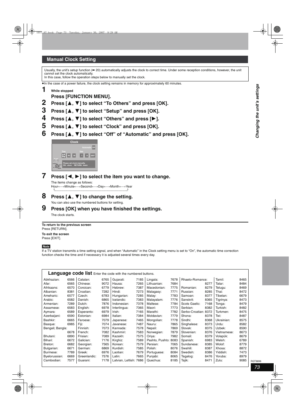 Press [function menu, Press [ 3 , 4 ] to select “setup” and press [ok, Press [ 3 , 4 ] to select “others” and press [ 1 | Press [ 3 , 4 ] to select “clock” and press [ok, Press [ 3 , 4 ] to change the setting, Press [ok] when you have finished the settings, Manual clock setting, Language code list | Panasonic MR-EH57 EN User Manual | Page 73 / 88