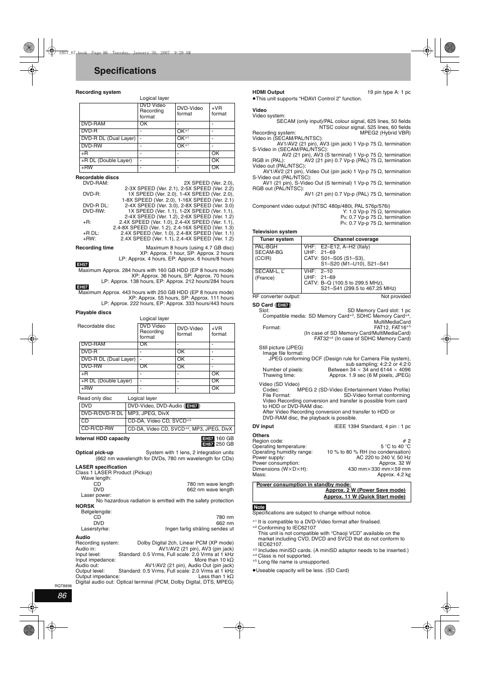 Specifications | Panasonic MR-EH57 EN User Manual | Page 86 / 88