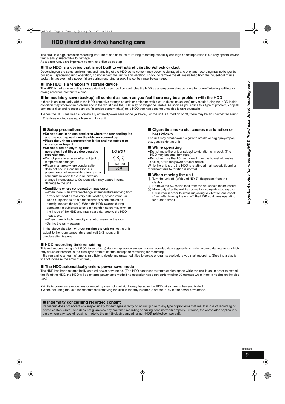 Hdd (hard disk drive) handling care | Panasonic MR-EH57 EN User Manual | Page 9 / 88