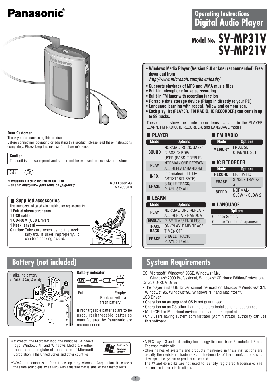 Panasonic SV-MP31V User Manual | 6 pages