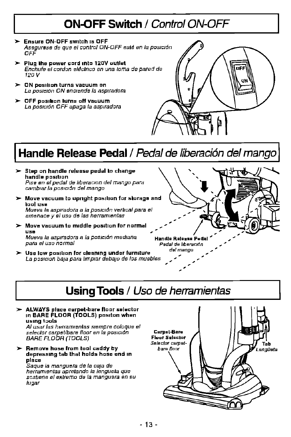 Using tools / uso de herramientas, Handle release pedal, Pedal de liberación del mango | Using tools, De herramientas, On-off switch, Control on-off, Uso de herramientas | Panasonic ASPIRADORA MC-V7505 User Manual | Page 13 / 28